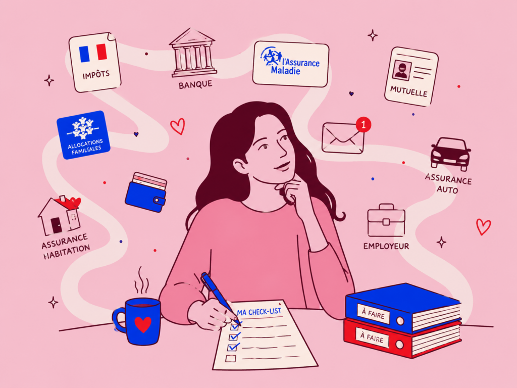 Femme remplissant une check-list des organismes à prévenir après un divorce