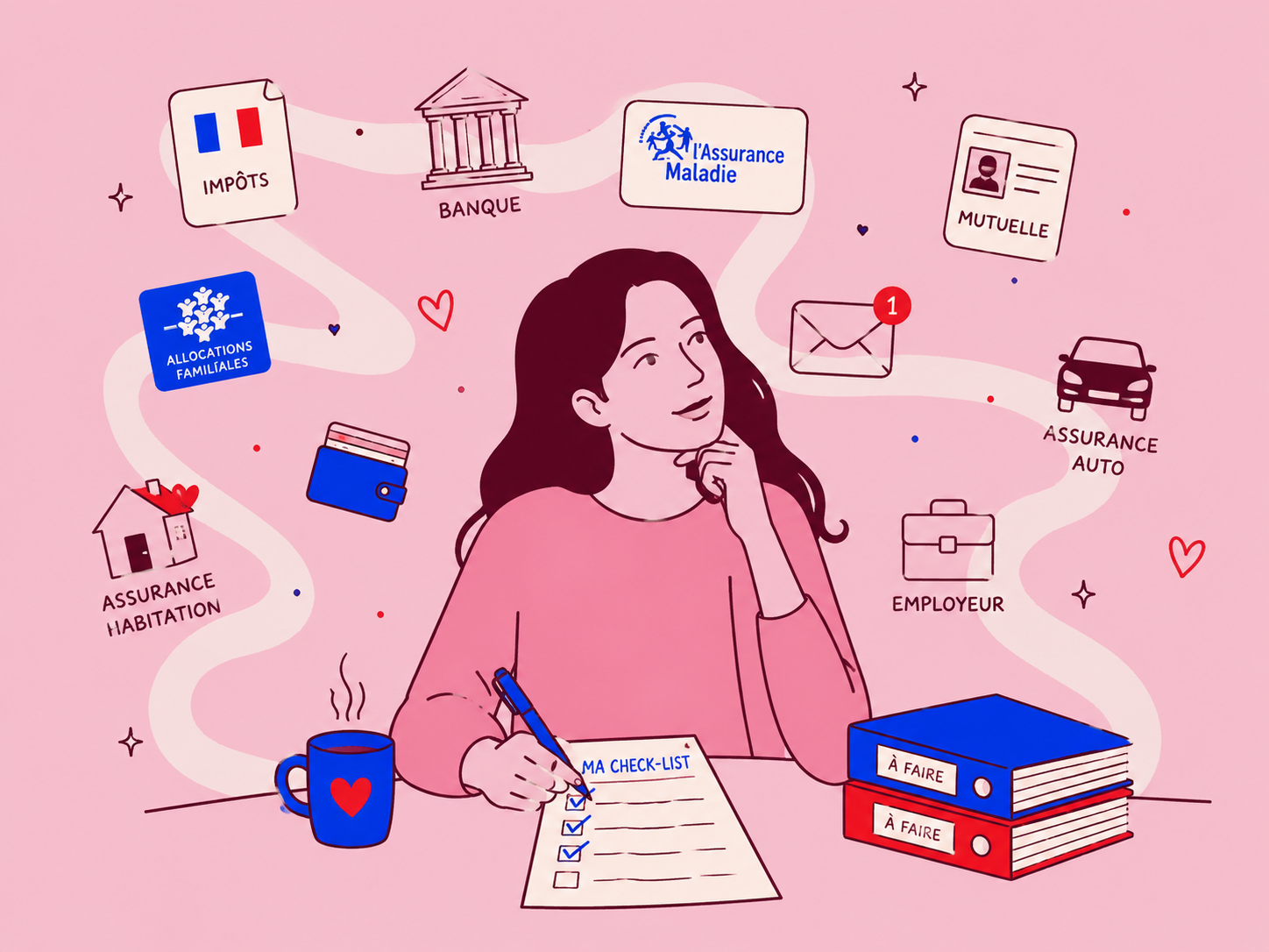 Femme remplissant une check-list des organismes à prévenir après un divorce